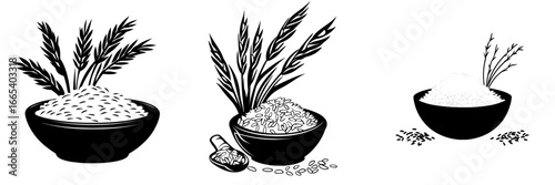 A stylized black and white illustration of a bowl of rice, adorned with wheat stalks, symbolizing harvest, abundance, and nourishment, is depicted in Rice Bowl with Wheat