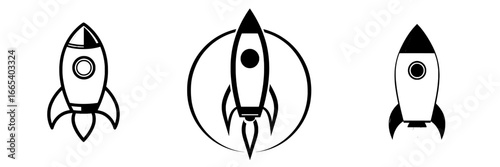 A circular frame encloses a stylized black and white illustration of a rocket launching into space, making the Rocket Launch Icon perfect for representing new beginnings and innovative ideas