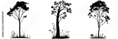 A serene and minimalist silhouette shows a majestic pine tree standing tall amidst a flourishing forest, with smaller trees, wildflowers