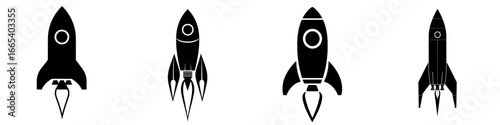 Rocket Launch Icon: A bold black silhouette of a rocket blasting off, embodying innovation, speed and progress, ideal for startup brands