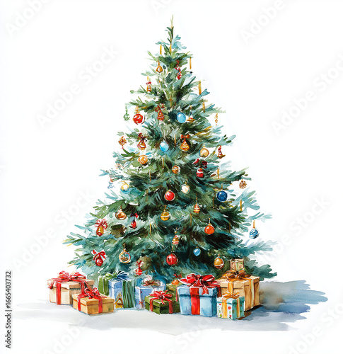 a beautifully decorated christmas tree with presents underneath, watercolor clip art isolated on a white background, 