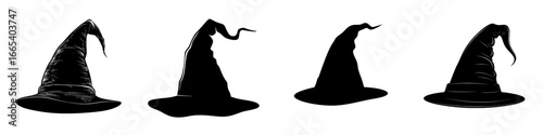 A simple yet enchanting black and white icon of a witch's hat is perfect for adding a touch of magic to your Halloween or fantasy designs, known as the Witch Hat Icon