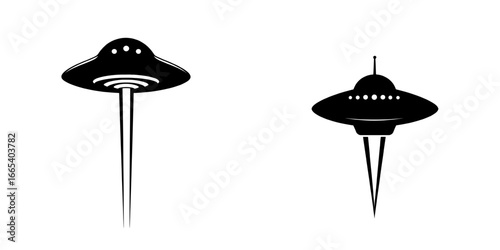 A classic UFO silhouette is depicted, featuring a distinctive dome and a beam of light emanating from its underside, set against a black background, evoking mystery and intrigue