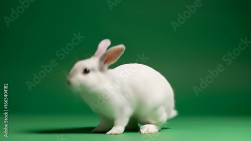 A cute white rabbit sitting against a green background in a studio.