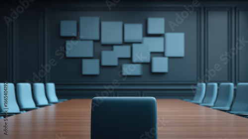 A modern conference room featuring a long wooden table, blue chairs, and a wall with abstract art in varying shades of blue.