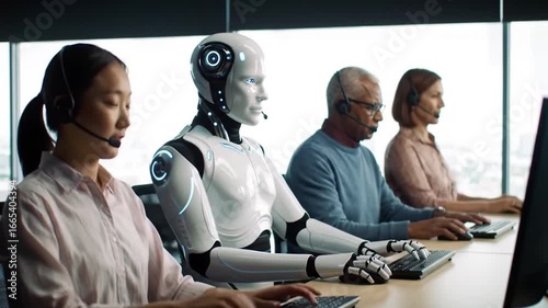 Diverse Customer Support Team with Robot and Human Agents Working in Call Center