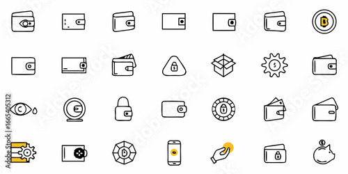 Diverse finance and security icons featuring wallets, crypto, and money symbols
