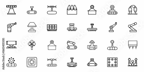 Modern industrial automation icons showcasing robotic arms, conveyors, and manufacturing equipment for tech innovation