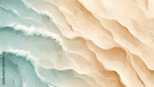 Fototapeta Naklejka Na Ścianę i Meble -  Abstract beach background with sand and water waves, vector illustration, top view, light blue and beige colors, high resolution.