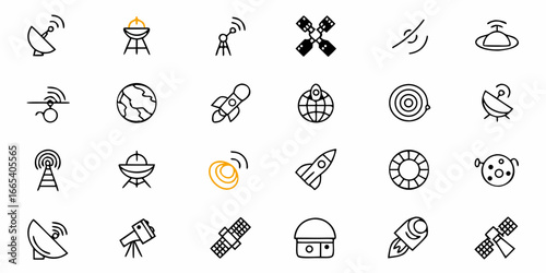Explore space and technology with these modern, clean icons featuring rockets, satellites, and Earth.
