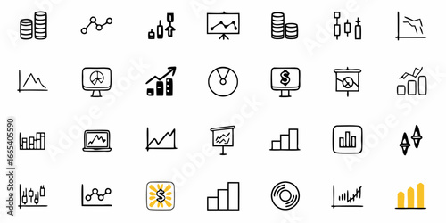 Business growth charts and financial icons for presentations, reports, and data analysis