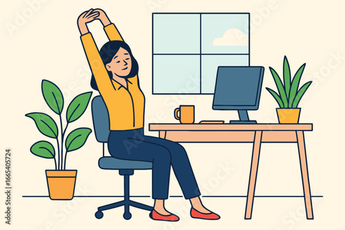 Woman stretching at her desk in a modern office setting