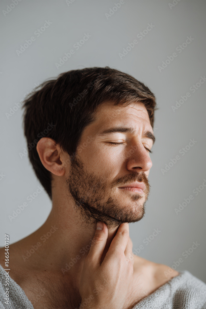Fototapeta premium man places his palm softly on his neck conveying sense of tension and release