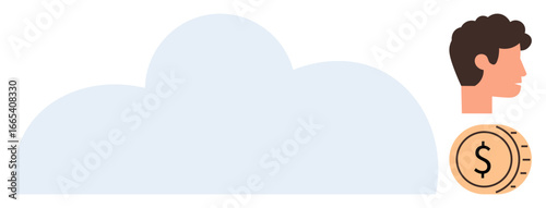 Large cloud shape, man s profile, and coin with dollar sign. Ideal for data storage, cloud computing, finance, digital wallets, modern technology cybersecurity online transaction themes. Simple