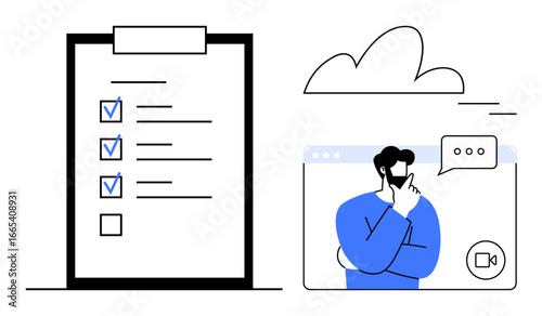 Photography Task list with checkboxes next to online meeting screen featuring thoughtful participant