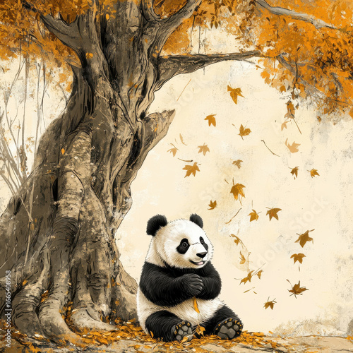 Panda sitting beneath an ancient tree, gnawing on bamboo, golden leaves drifting down around it, poetic and picturesque wildlife moment, copy space. 