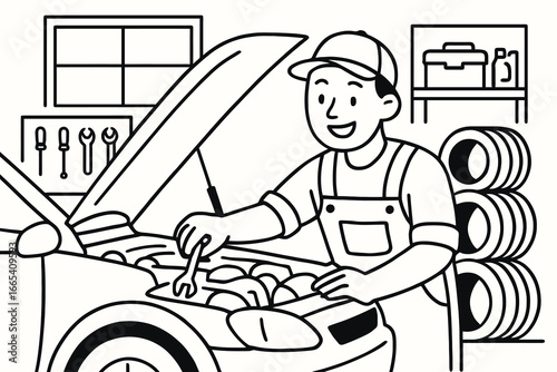 Happy mechanic working on car engine in garage with tools and tires