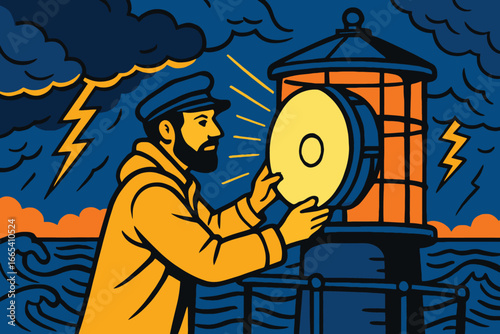 Bearded man in yellow coat tends to lighthouse lantern during storm