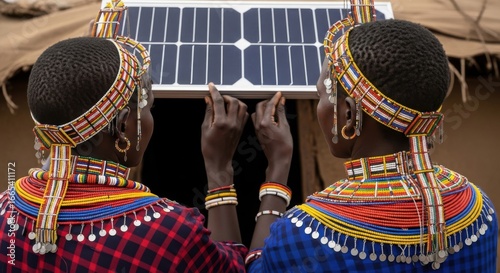 Two maasai women holding a small solar panel, symbolizing access to clean energy in a rural african community