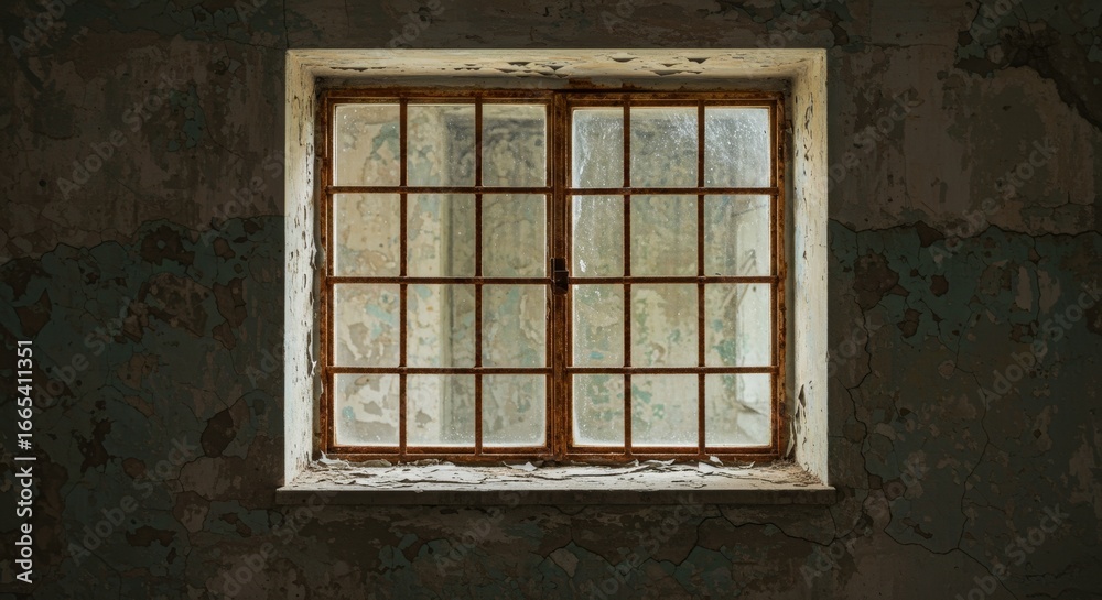 Obraz premium An old, weathered window set into a textured, dark wall, hinting at a forgotten space or a historical building