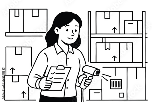 Warehouse worker scanning barcodes on boxes with clipboard and scanner