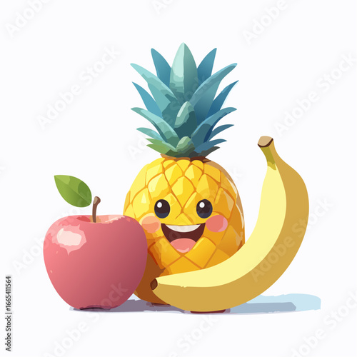 Set di illustrazioni vettoriali 3D giocose: frutti sorridenti in stile pastello e design divertente