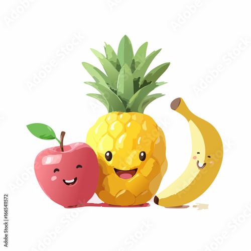 Set di illustrazioni vettoriali 3D giocose: frutti sorridenti in stile pastello e design divertente