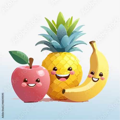 Set di illustrazioni vettoriali 3D giocose: frutti sorridenti in stile pastello e design divertente