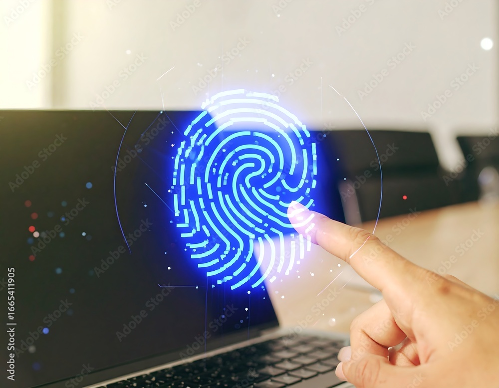 Fototapeta premium Fingerprint scan overlay on laptop