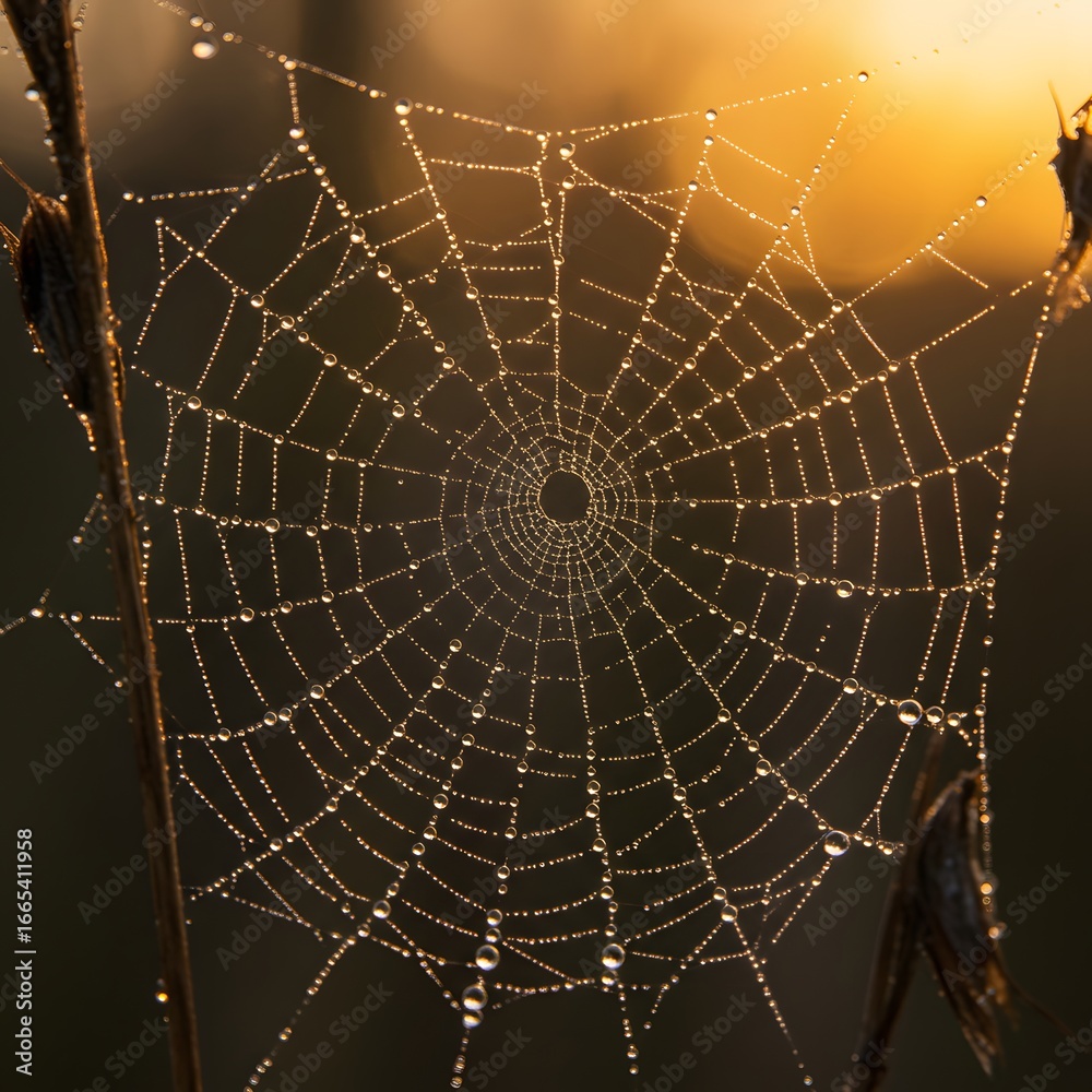 Obraz premium A delicate spiderweb covered in morning dew droplets glistens in the golden sunlight