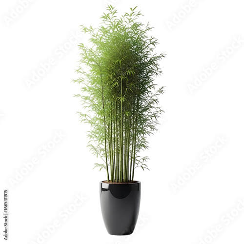 A tall green bamboo plant in a glossy black pot, isolated on transparent background, symbolizing nature, growth, and tranquility