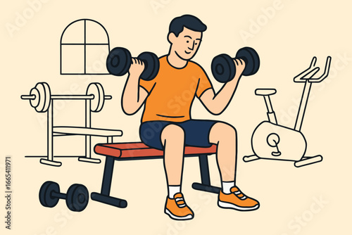 Man lifting dumbbells while sitting on a bench in a gym