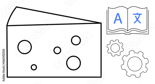 Cheese slice with circular holes, open book featuring multilingual symbols, and three gears. Ideal for education, language learning, food industry, process optimization, creativity, technology
