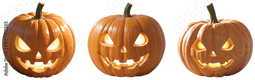 Collection of Jack o Lanterns with Carved Faces for Halloween Decorations on a transparent background