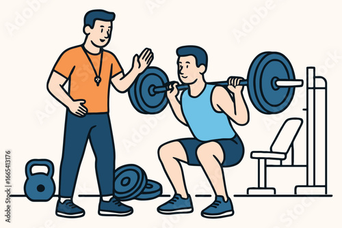 Fitness trainer guiding man performing barbell squats in gym