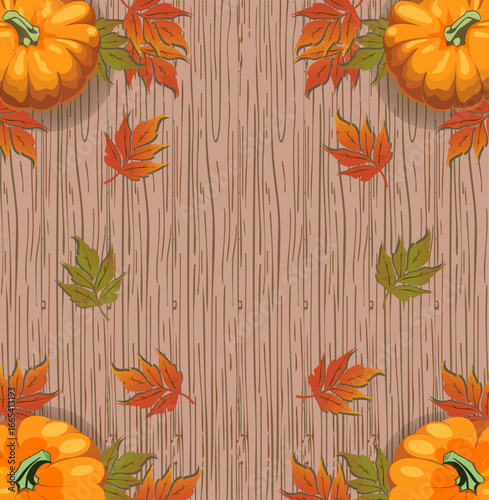 Festive autumn background with pumpkins and colorful fall leaves on rustic wooden texture, perfect for Thanksgiving, harvest, and seasonal designs.