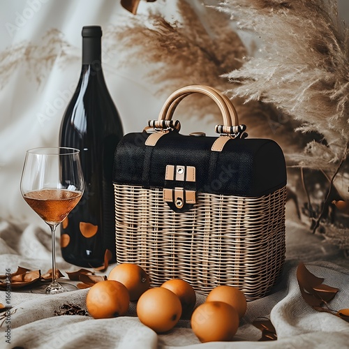 Stylish Wicker Handbag with Wine and Fruit Still Life Photography
