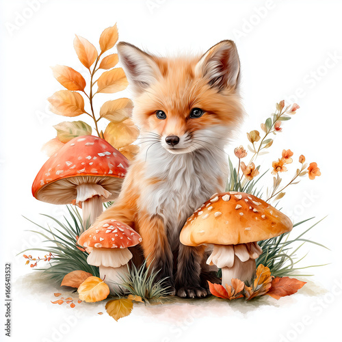 Cute Fox with Mushrooms and Autumn Leaves.  Illustration