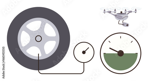 A car tire with a pressure gauge, a fuel meter, and a drone. Ideal for energy management, transportation, automation, innovation, sustainability efficiency and modern technology. Simple flat