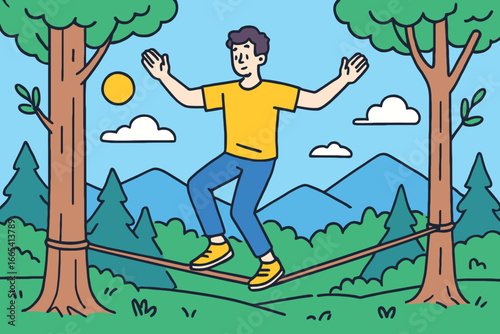 Man balancing on a slackline between two trees in a forest