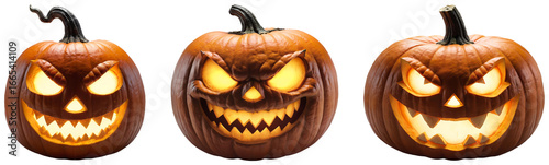 Set of Halloween Jack o Lanterns with Scary Expressions on a transparent background