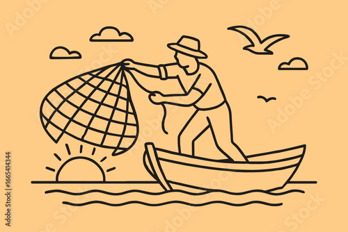 Fisherman casts net from boat at sunrise with seagulls overhead