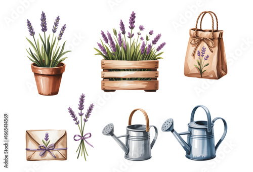Schilderij op canvas Watercolor garden elements lavender flower collection with potted plants, watering cans, and rustic gift items
