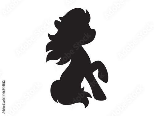 Black silhouette of pony horse isolated on white background. concept of equestrian, stallion, horse riding, farm animal, pet, cute foal, design element, logo.