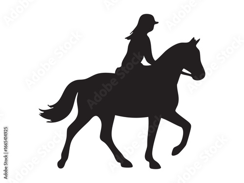 Black silhouette of woman riding a horse, isolated on white background. concept of equestrian, horseback riding, adventure, countryside, sport, icon, logo, design element