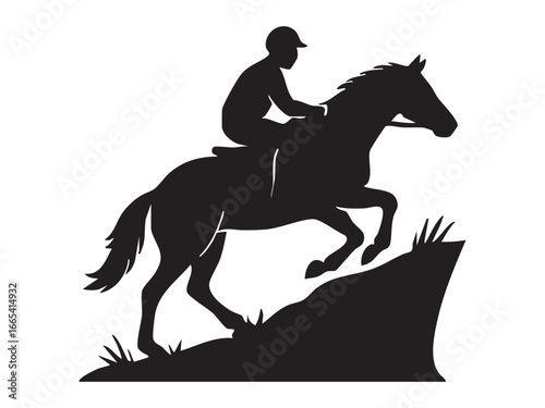 Black silhouette of horse with rider climbing a hill, isolated on white background. concept of horseback riding, equestrian sport, adventure, icon, logo, design element