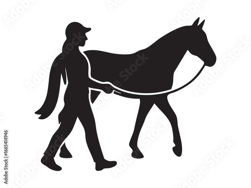 Black silhouette of person walking with horse, isolated on white background. concept of equestrian activities, bond between human and animal, silhouette art, design element