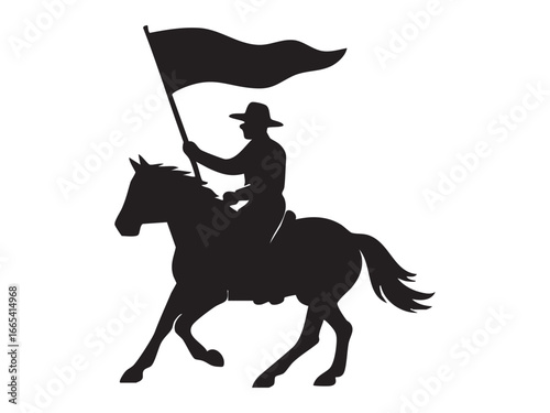 Silhouette of man riding horse and holding flag, isolated on white background. concept of cowboy, western, adventure, transportation, cavalry, icon, illustration