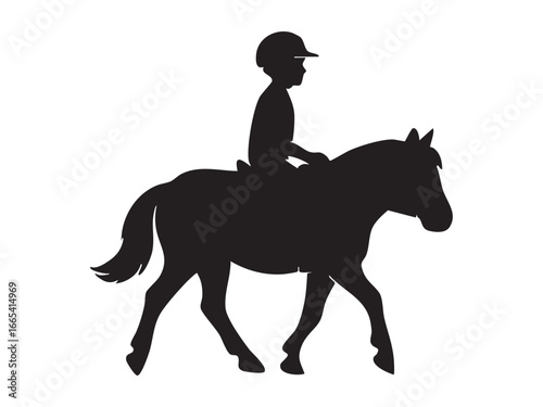 Black silhouette of kid on pony horse wearing riding helmet isolated on white background. Concept of children horseback riding, pony club training, equestrian leisure activity outdoors