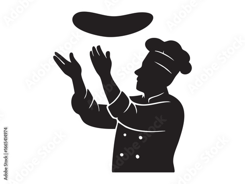 Black silhouette of chef tossing pizza dough, isolated on white background. concept of cooking, culinary arts, pizzeria, baker, kitchen, icon, logo, design element